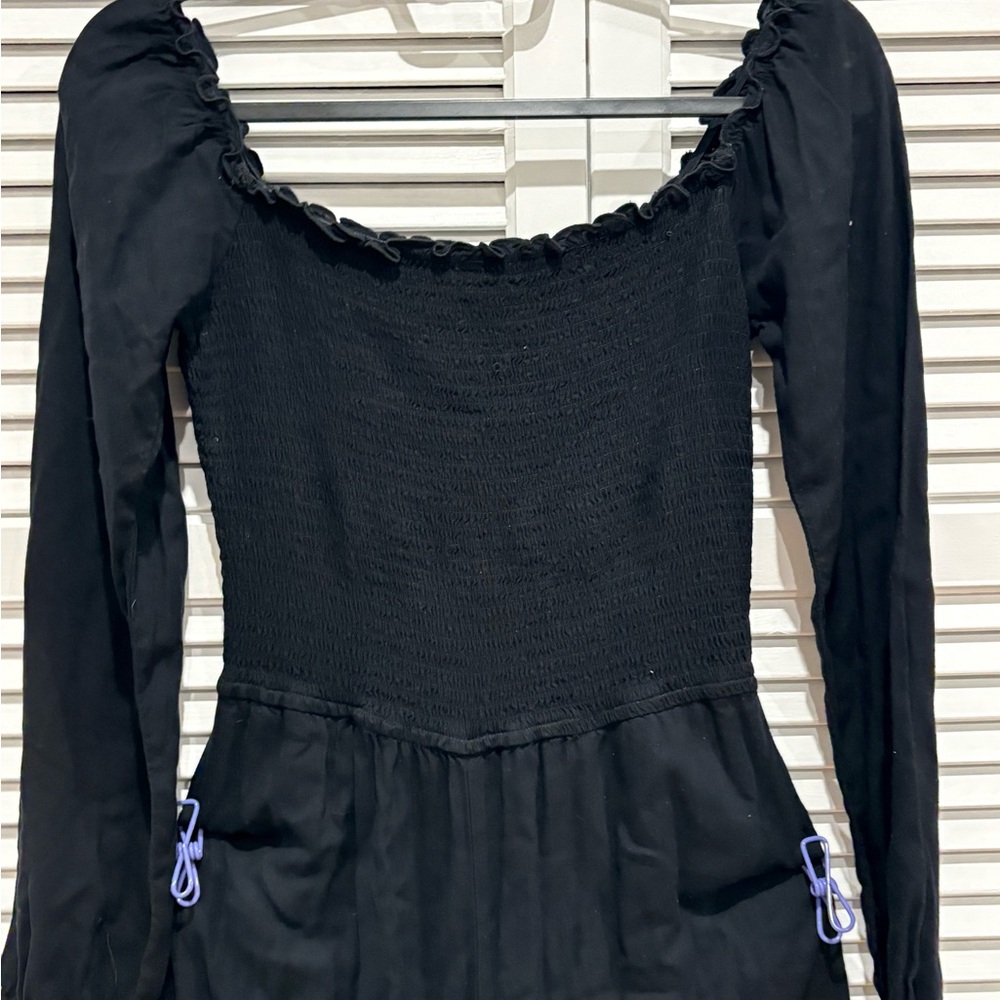 Black Long-Sleeve Smocked Jumpsuit with Scoop Neck